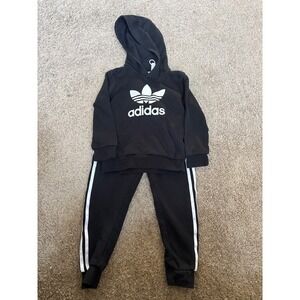 Kids Black Adidas Trefoil Hoodie and Pants Set Jogger Tracksuit
